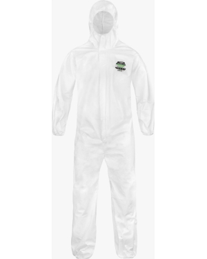 White protective hazmat suit with hood.